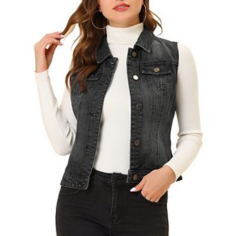 Women's Washed Chest Flap Pockets Single Breasted Denim Vest Jacket
