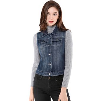 Women's Washed Chest Flap Pockets Single Breasted Denim Vest Jacket