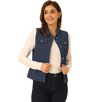 Women's Washed Chest Flap Pockets Single Breasted Denim Vest Jacket LARGE Army Green