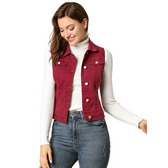 Women's Washed Chest Flap Pockets Single Breasted Denim Vest Jacket