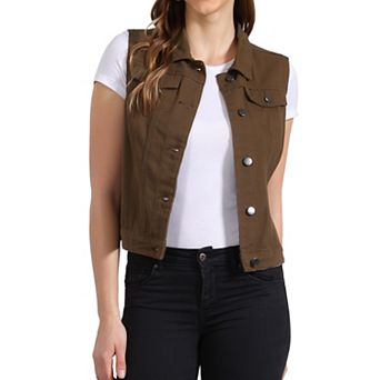 Women's Washed Chest Flap Pockets Single Breasted Denim Vest Jacket