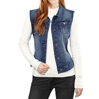Women's Washed Chest Flap Pockets Single Breasted Denim Vest Jacket