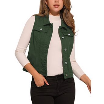 Women's Washed Chest Flap Pockets Single Breasted Denim Vest Jacket