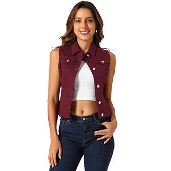 Women's Washed Chest Flap Pockets Single Breasted Denim Vest Jacket