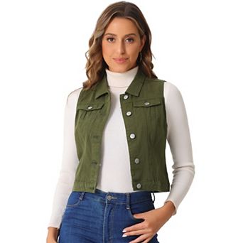Women's Washed Chest Flap Pockets Single Breasted Denim Vest Jacket