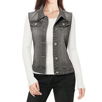 Women's Washed Chest Flap Pockets Single Breasted Denim Vest Jacket