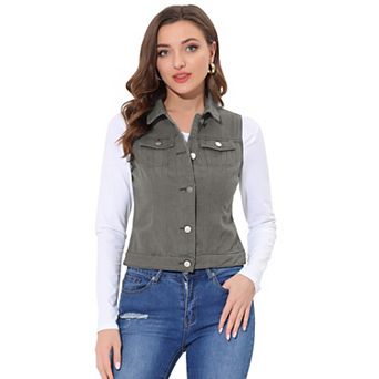 Women's Washed Chest Flap Pockets Single Breasted Denim Vest Jacket