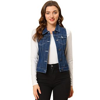 Women's Washed Chest Flap Pockets Single Breasted Denim Vest Jacket