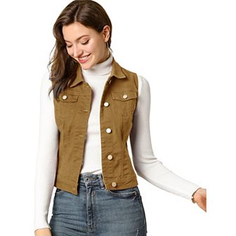 Women's Washed Chest Flap Pockets Single Breasted Denim Vest Jacket