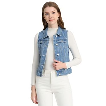 Women's Washed Chest Flap Pockets Single Breasted Denim Vest Jacket