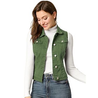 Women's Washed Chest Flap Pockets Single Breasted Denim Vest Jacket