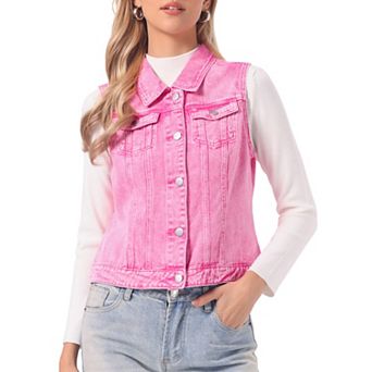 Women's Washed Chest Flap Pockets Single Breasted Denim Vest Jacket