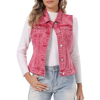 Women's Washed Chest Flap Pockets Single Breasted Denim Vest Jacket