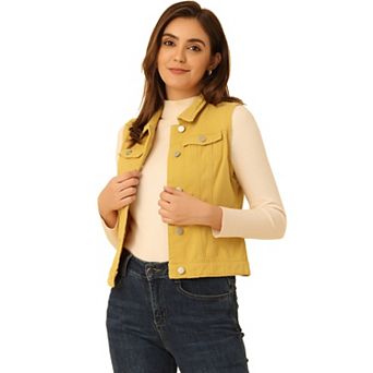 Women's Washed Chest Flap Pockets Single Breasted Denim Vest Jacket