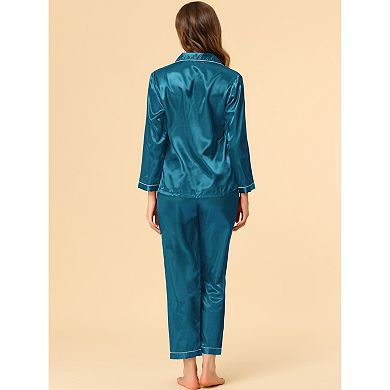 Women's Satin 2pc Loungewear Button Down Smooth Silky Pajama Sets