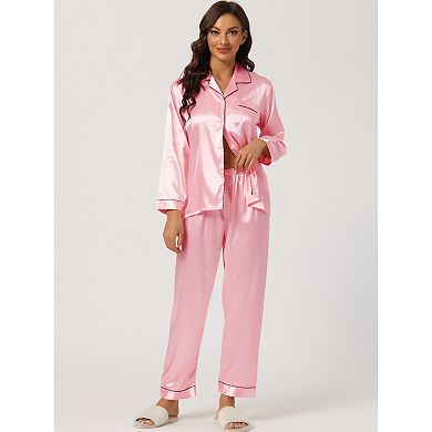Women's Satin 2pc Loungewear Button Down Smooth Silky Pajama Sets