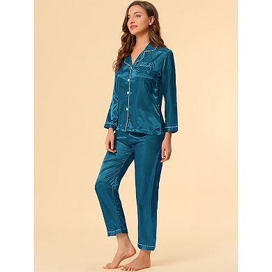 Women's Satin 2pc Loungewear Button Down Smooth Silky Pajama Sets