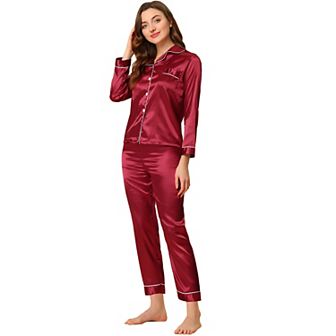 Women's Satin 2 pc Loungewear Button Down Smooth Silky Pajama Sets
