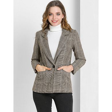 Women's Notched Lapel One Button Hip Length Houndstooth Blazer