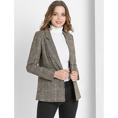 Women's Notched Lapel One Button Hip Length Houndstooth Blazer