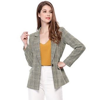 Women's Notched Lapel One Button Hip Length Houndstooth Blazer