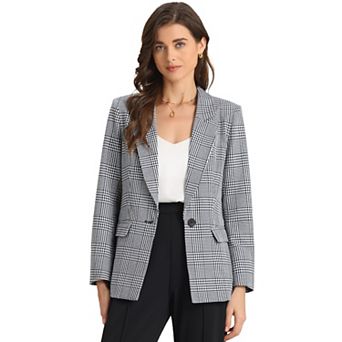 Women's Notched Lapel One Button Hip Length Houndstooth Blazer