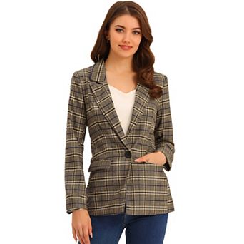 Women's Notched Lapel One Button Hip Length Houndstooth Blazer