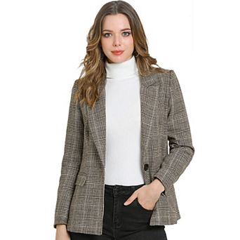 Women's Notched Lapel One Button Hip Length Houndstooth Blazer