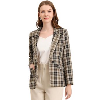 Women's Notched Lapel One Button Hip Length Houndstooth Blazer