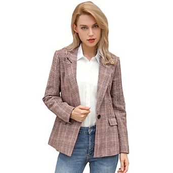 Women's Notched Lapel One Button Hip Length Houndstooth Blazer