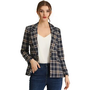Women's Notched Lapel One Button Hip Length Houndstooth Blazer