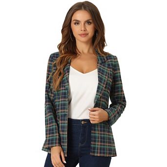 Women's Notched Lapel One Button Hip Length Houndstooth Blazer