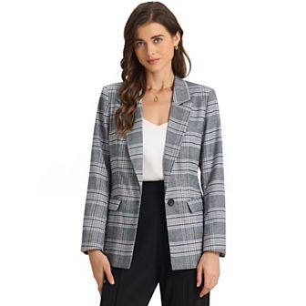Women's Notched Lapel One Button Hip Length Houndstooth Blazer