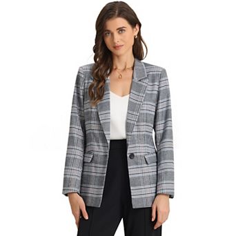 Women's Notched Lapel One Button Hip Length Houndstooth Blazer