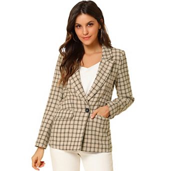 Women's Notched Lapel One Button Hip Length Houndstooth Blazer