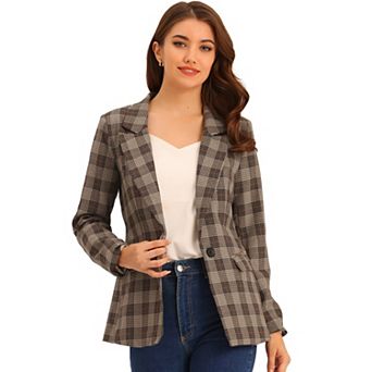 Women's Notched Lapel One Button Hip Length Houndstooth Blazer