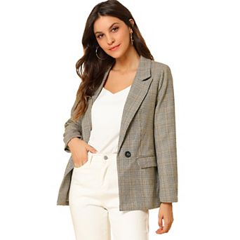 Women's Notched Lapel One Button Hip Length Houndstooth Blazer