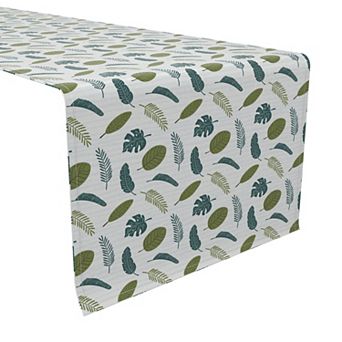 Table Runner, 100% Cotton, 16x90", Tropical Leaves on Stripes