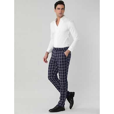 Men's Plaid Slim Fit Flat Front Check Office Dress Pants