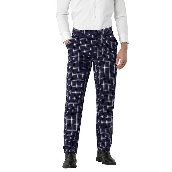 Men's Plaid Slim Fit Flat Front Check Office Dress Pants