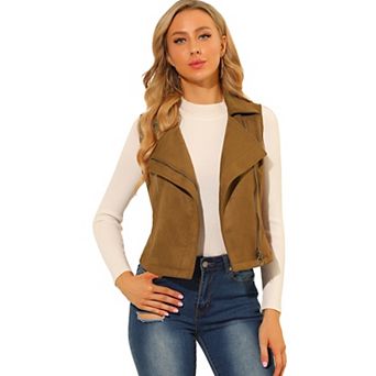 Women's Casual Faux Suede Sleeveless Short Biker Vest Jacket