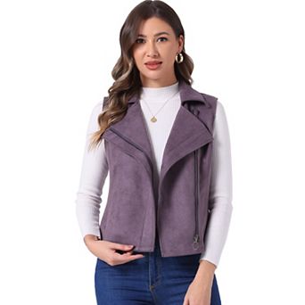 Women's Casual Faux Suede Sleeveless Short Biker Vest Jacket