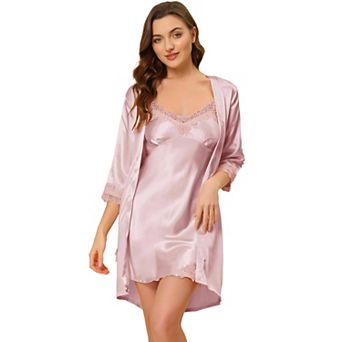 Women's 4 pc Silk Satin Pajama Set Cami Top Shorts Lace Robe Sets