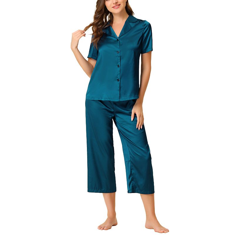 cheibear Womens Sleepwear Pjs Lace Trim Satin Lingerie Silk Cami with  Shorts Pajama Set Blue X-Small