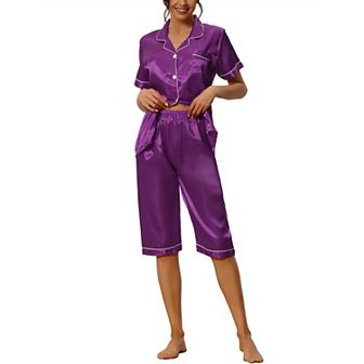 Women's Loungewear Tops and Capri Pants Satin Pajama Sets