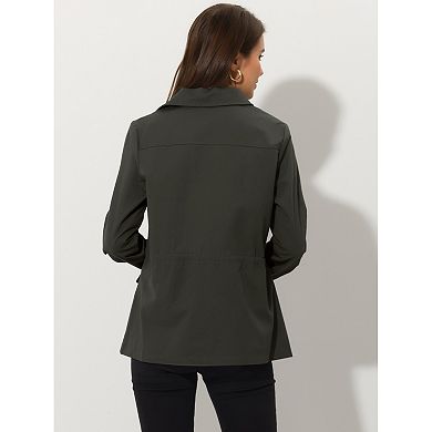 Women's Solid Drawstring Waist Flap Pocket Utility Jacket