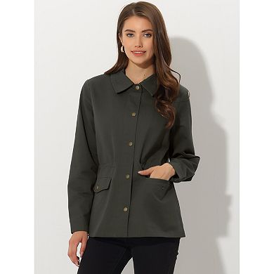 Women's Solid Drawstring Waist Flap Pocket Utility Jacket