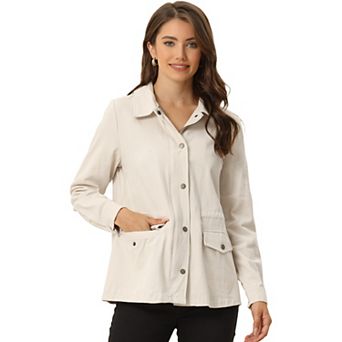 Women's Turndown Collar Long Sleeve Drawstring Flap Pocket Zipper Utility Jacket