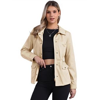 Women's Turndown Collar Long Sleeve Drawstring Flap Pocket Zipper Utility Jacket