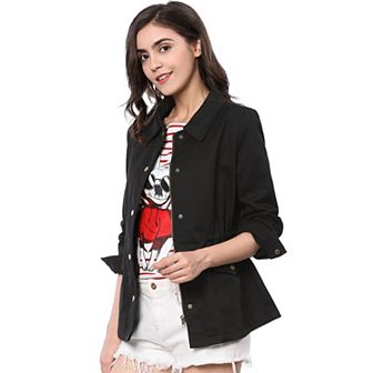 Women's Turndown Collar Long Sleeve Drawstring Flap Pocket Zipper Utility Jacket
